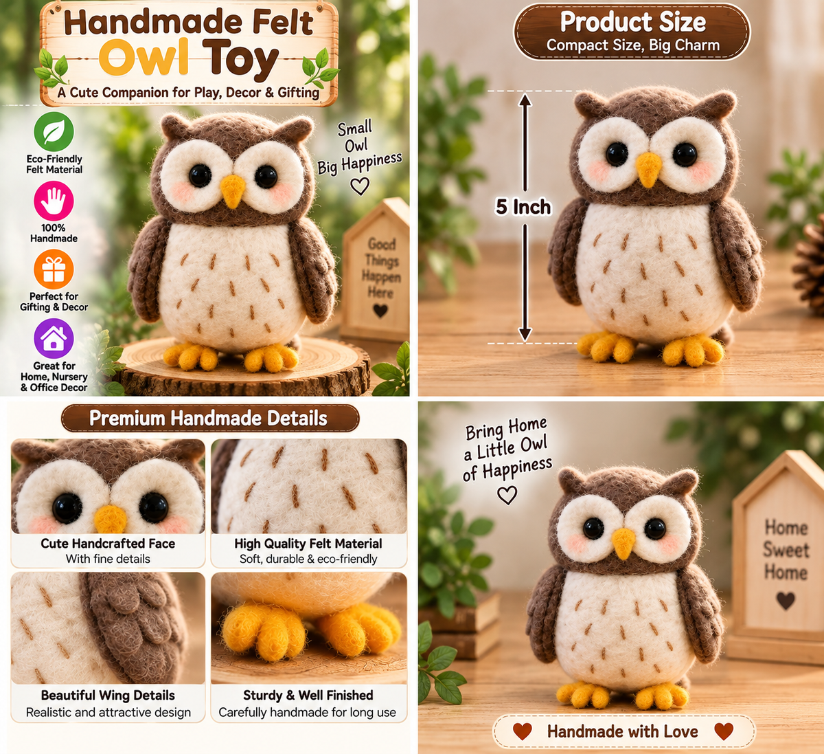 Handmade Felt Owl Toy – 5 Inch Cute Owl Decor for Home, Nursery & Gifting