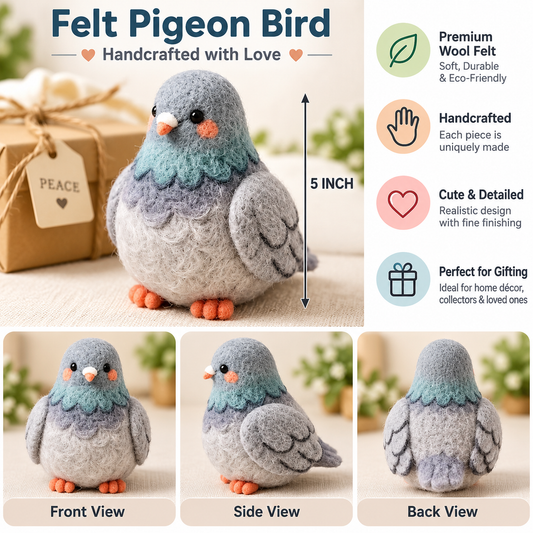 Handcrafted Felt Pigeon Bird – 5 Inch Cute Wool Felt Bird Ornament for Home Décor & Gifting