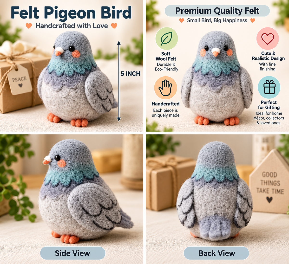 Handcrafted Felt Pigeon Bird – 5 Inch Cute Wool Felt Bird Ornament for Home Décor & Gifting