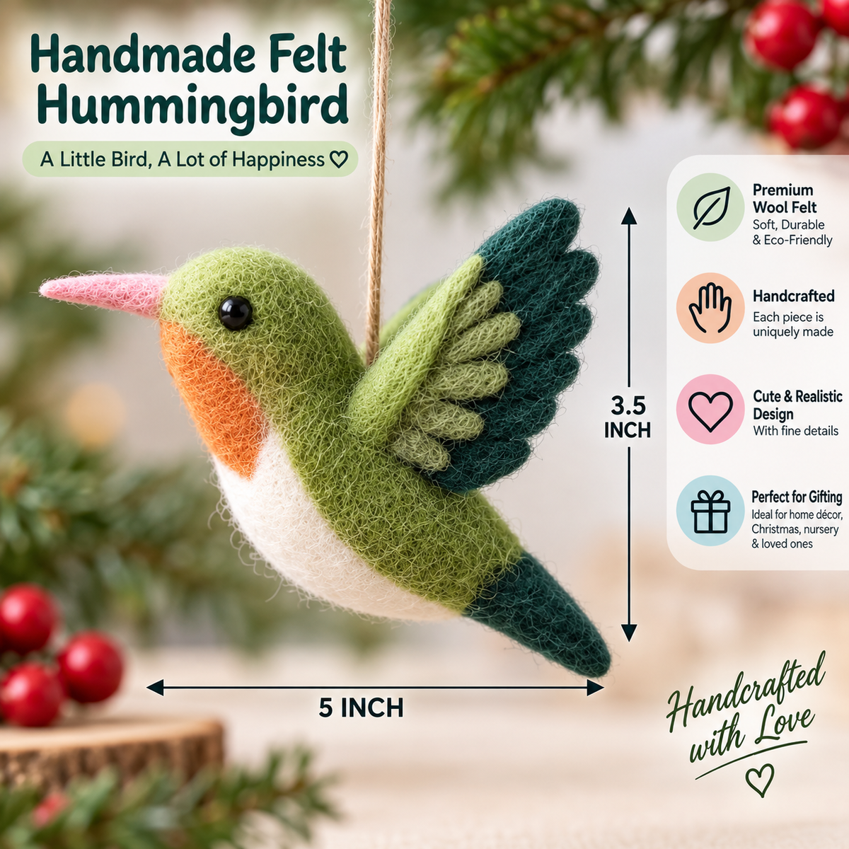 Handmade Felt Hummingbird Ornament – 5 Inch Cute Wool Felt Bird Hanging Decoration