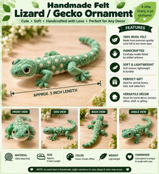 Handmade Felt Lizard Gecko Ornament – 5 Inch Wool Felt Animal Décor
