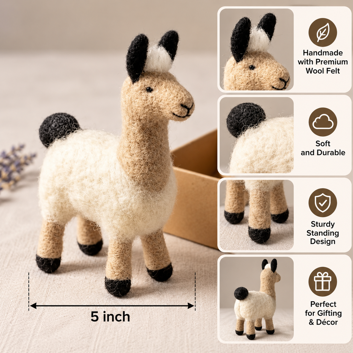 Handmade Felt Llama Ornament – 5 Inch Wool Felt Animal Decor