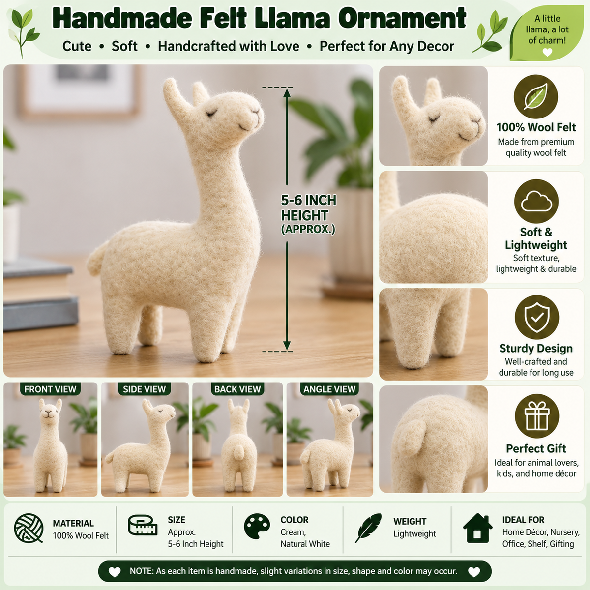 Handmade Felt Llama Ornament – 5-6 Inch Wool Felt Animal Decor