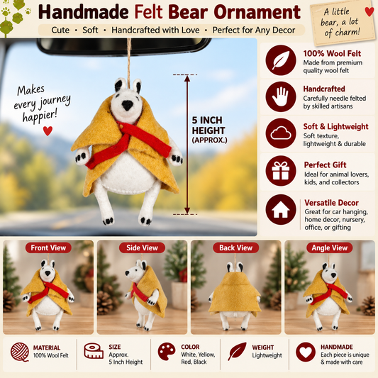 Handmade Felt Bear Ornament – 5 Inch Wool Felt Hanging Car & Home Decor