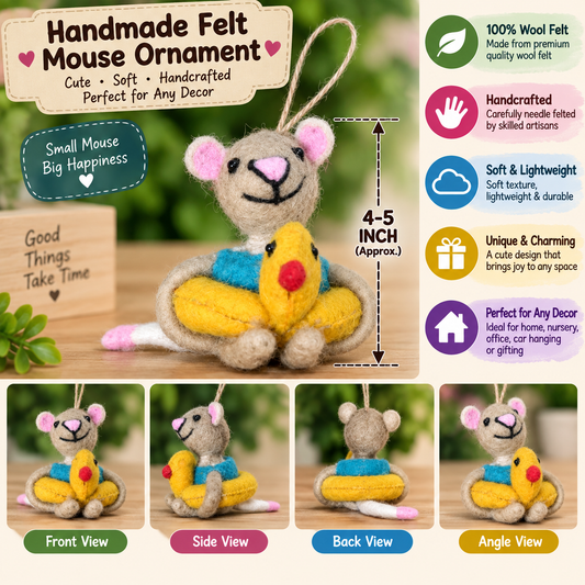 Handmade Felt Mouse Ornament with Yellow Duck – 4-5 Inch Wool Felt Hanging Decor