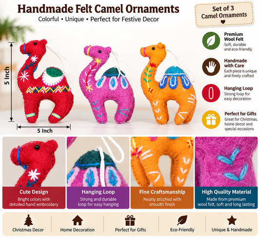 Handmade Felt Camel Ornaments Set of 3 – Colorful Christmas Hanging Decorations
