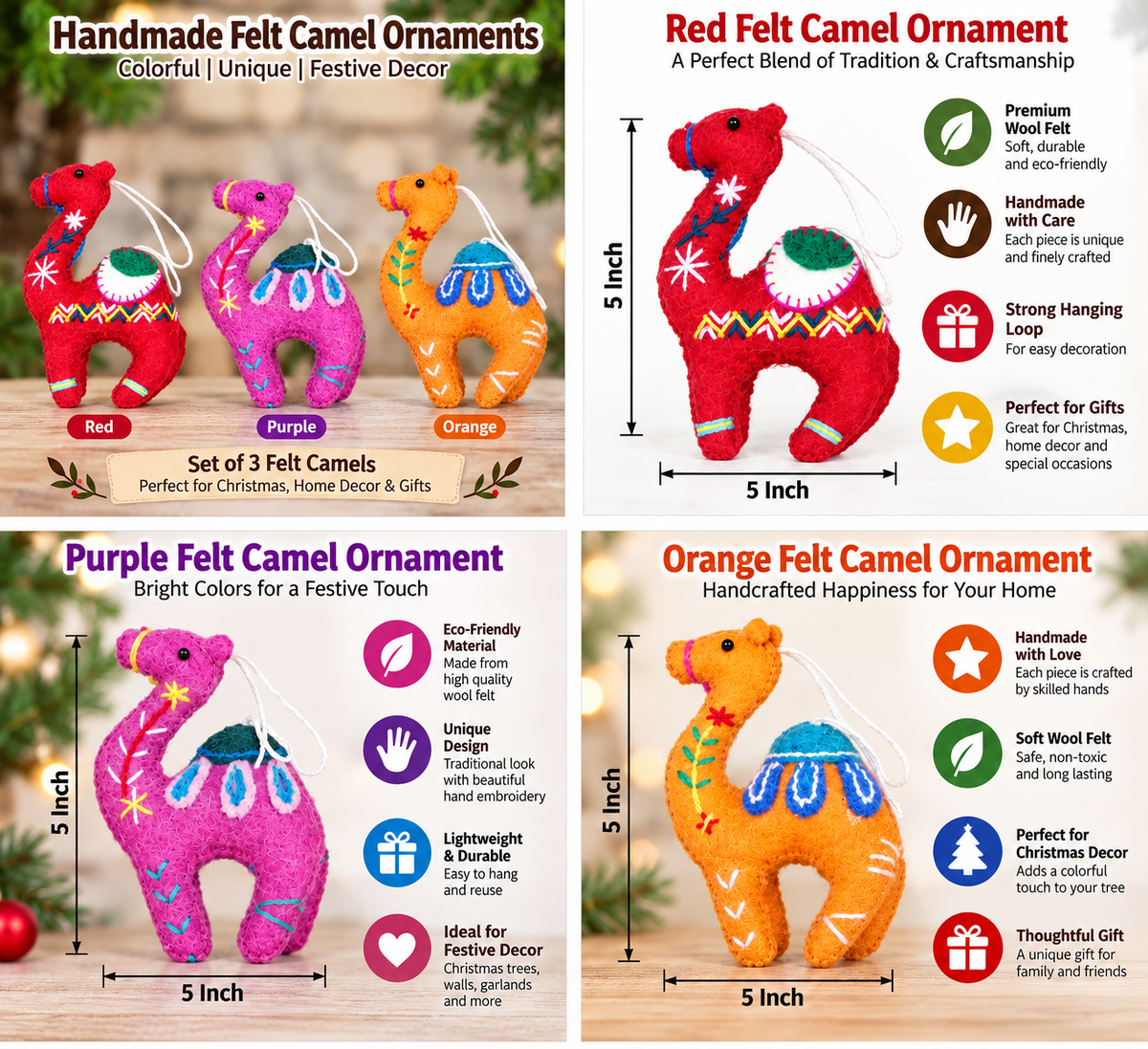Handmade Felt Camel Ornaments Set of 3 – Colorful Christmas Hanging Decorations