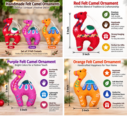 Handmade Felt Camel Ornaments Set of 3 – Colorful Christmas Hanging Decorations