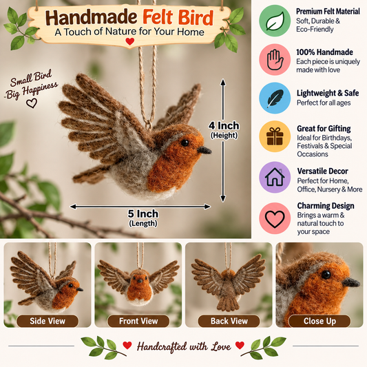 Handmade Felt Robin Bird Ornament – 5 Inch Cute Hanging Bird Decoration for Home & Gifting