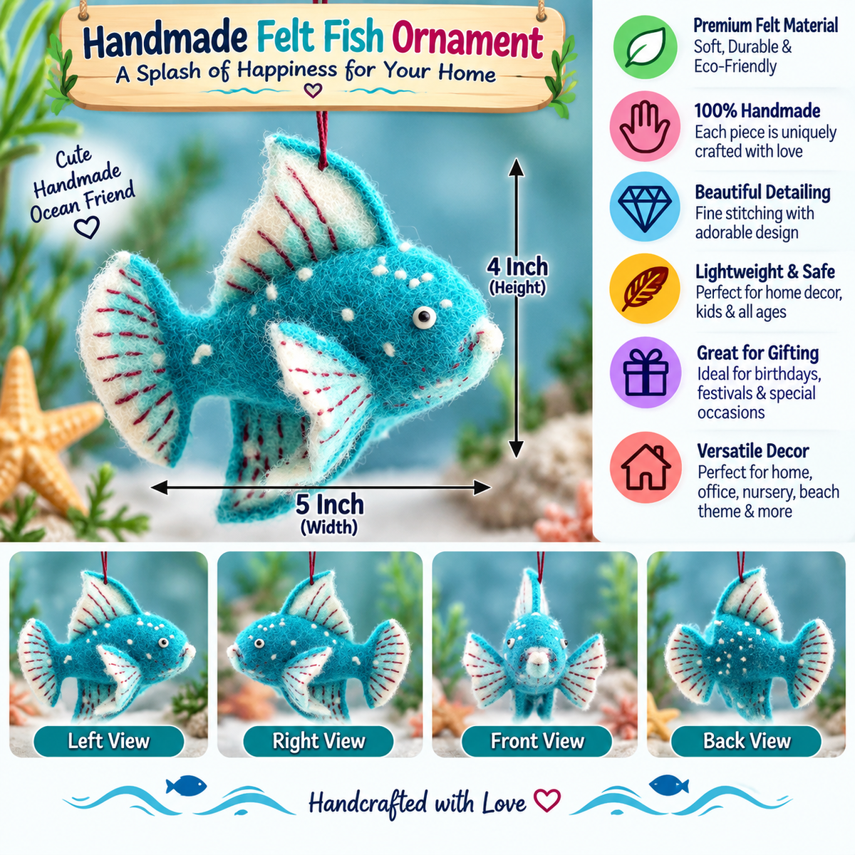 Handmade Felt Fish Ornament – 4–5 Inch Cute Ocean Fish Decoration for Home & Gifting