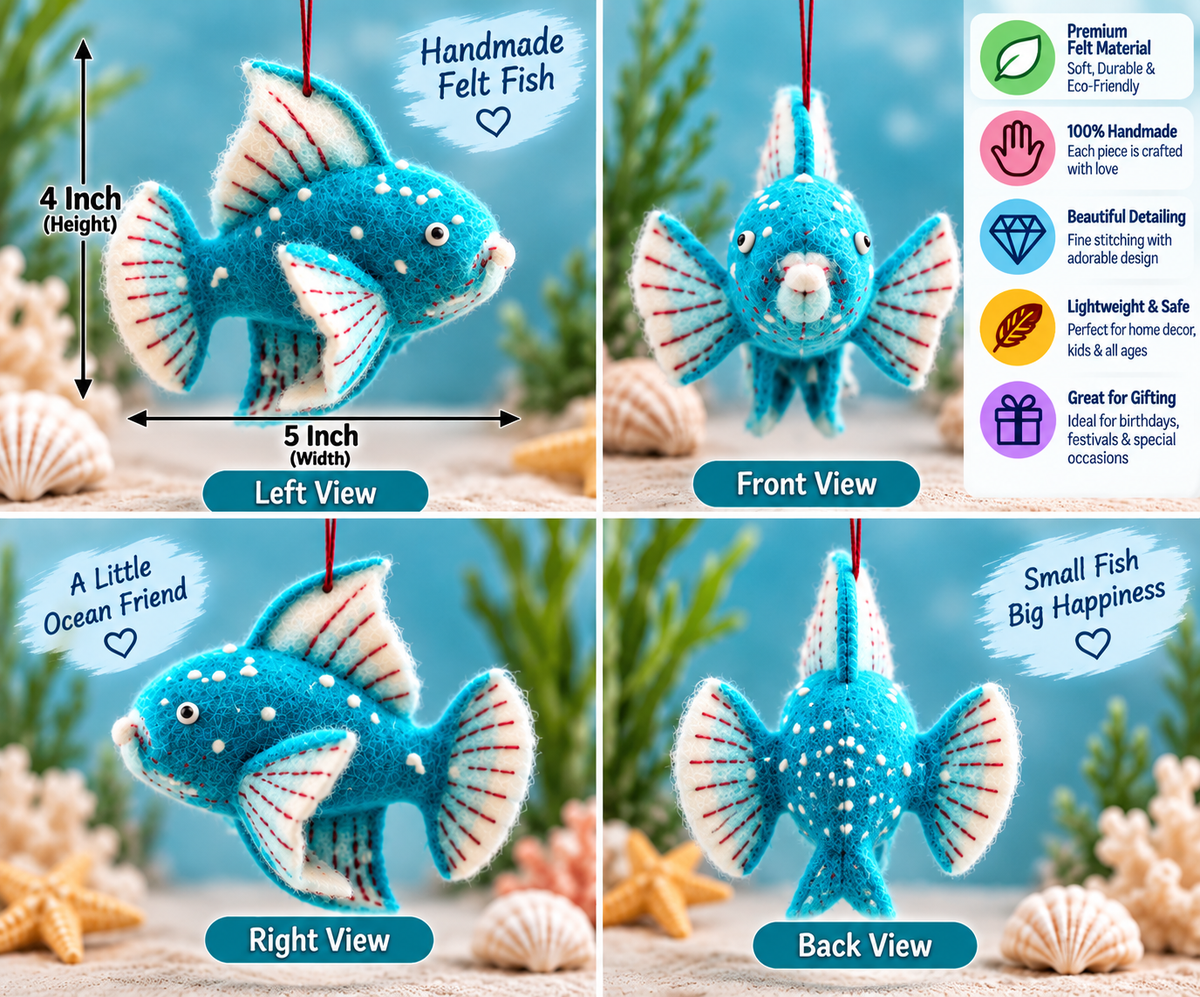 Handmade Felt Fish Ornament – 4–5 Inch Cute Ocean Fish Decoration for Home & Gifting