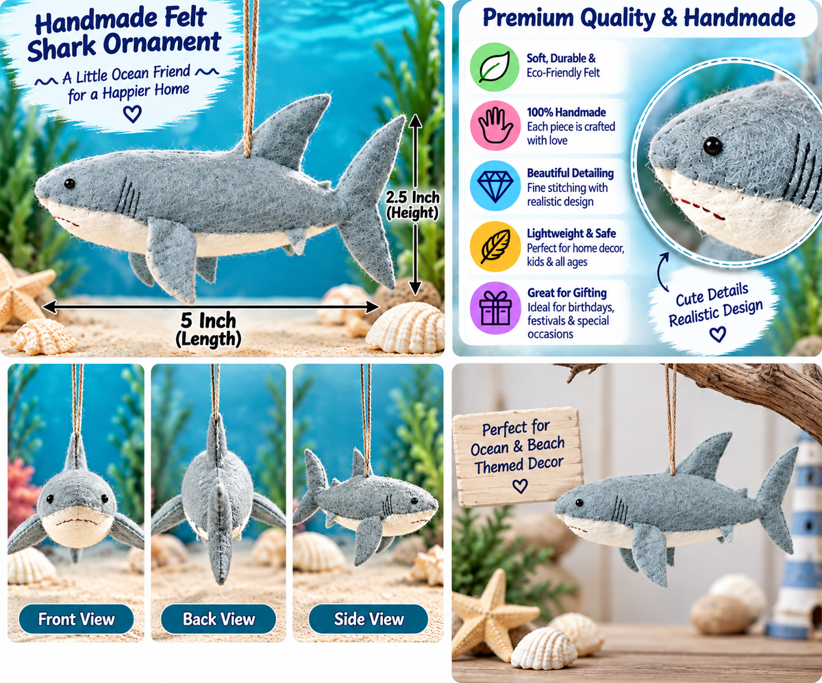 Handmade Felt Shark Ornament – 5 Inch Ocean Animal Hanging Decoration