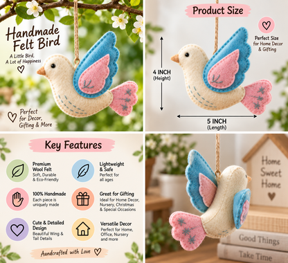 Handmade Felt Bird Ornament – 5 Inch Hanging Bird Decoration for Home, Christmas Tree & Gifting