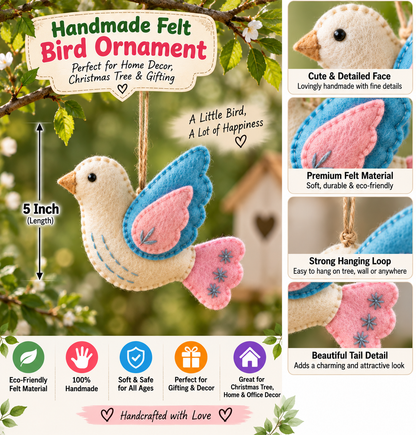 Handmade Felt Bird Ornament – 5 Inch Hanging Bird Decoration for Home, Christmas Tree & Gifting