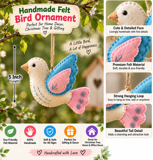 Handmade Felt Bird Ornament – 5 Inch Hanging Bird Decoration for Home, Christmas Tree & Gifting
