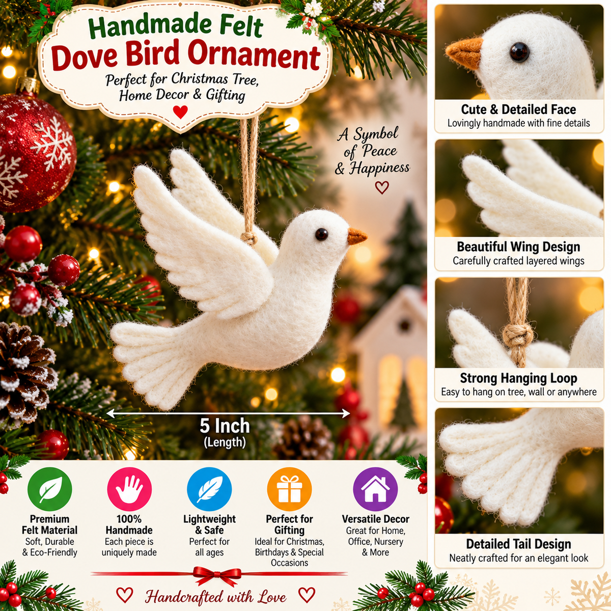 Handmade Felt Dove Bird Ornament – 5 Inch Christmas Hanging Decoration for Home & Gifting
