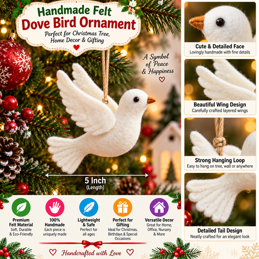 Handmade Felt Dove Bird Ornament – 5 Inch Christmas Hanging Decoration for Home & Gifting