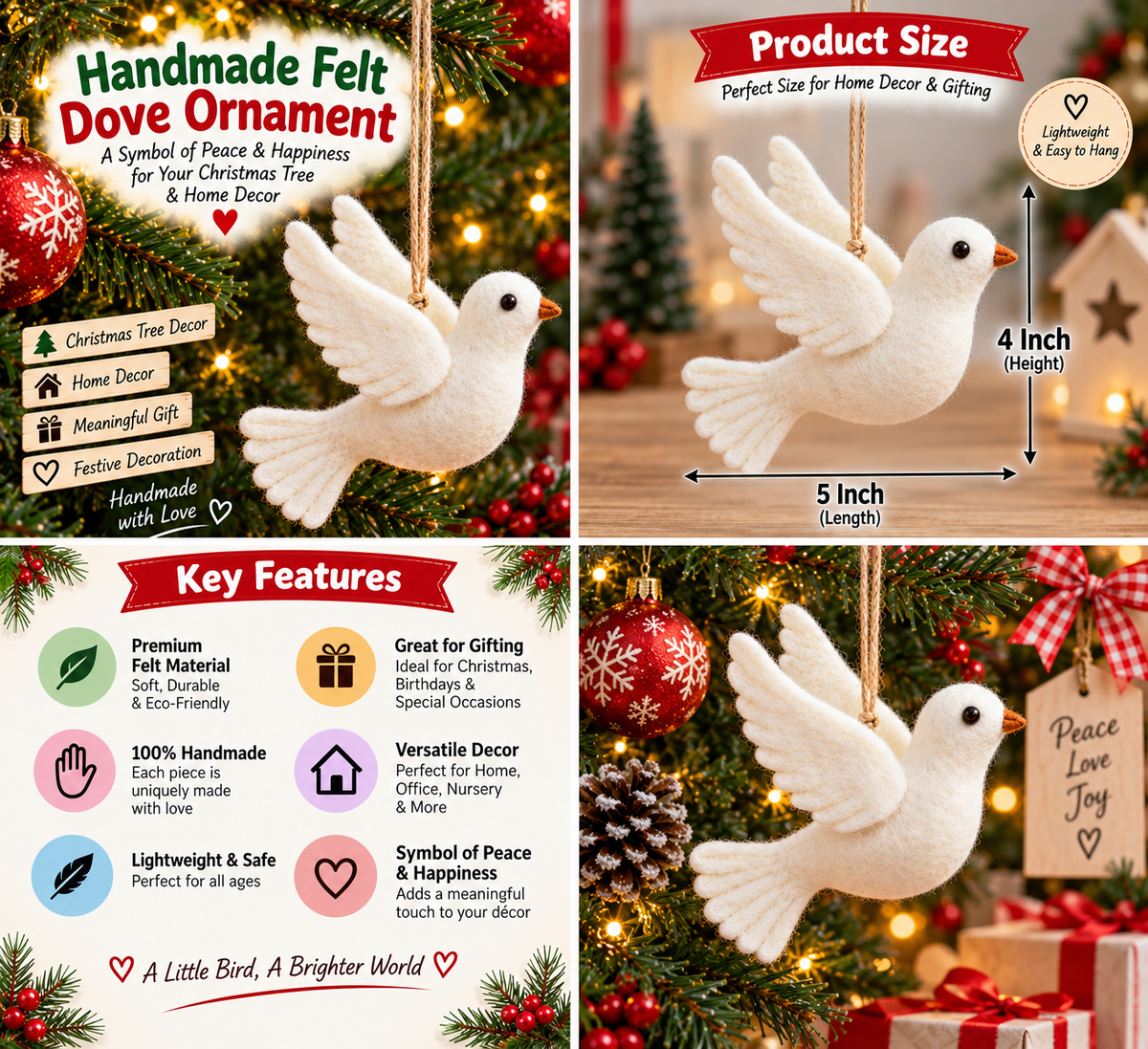 Handmade Felt Dove Bird Ornament – 5 Inch Christmas Hanging Decoration for Home & Gifting