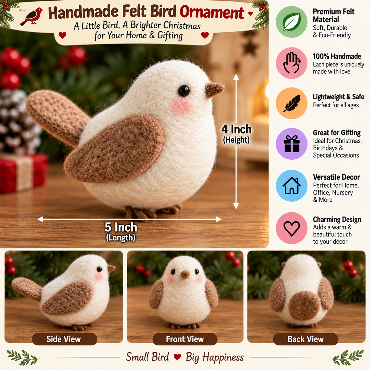 Handmade Felt Bird – 5 Inch Cute Wool Felt Bird Decoration for Home & Gifting