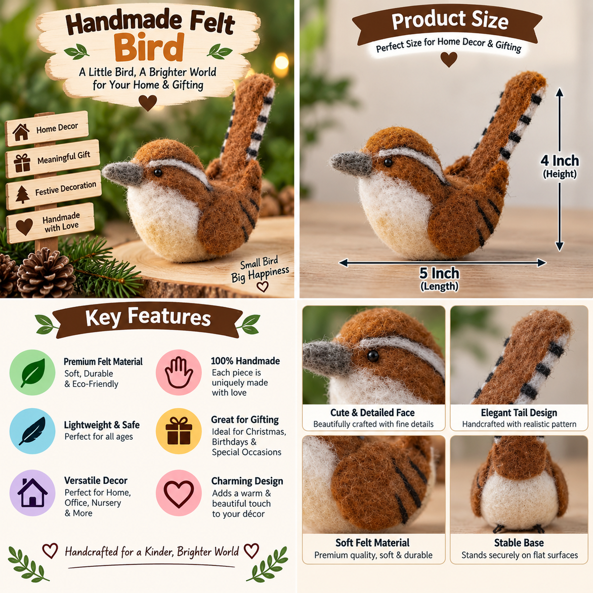 Handmade Felt Bird Ornament – 5 Inch Cute Wool Felt Bird Decoration for Home & Gifting