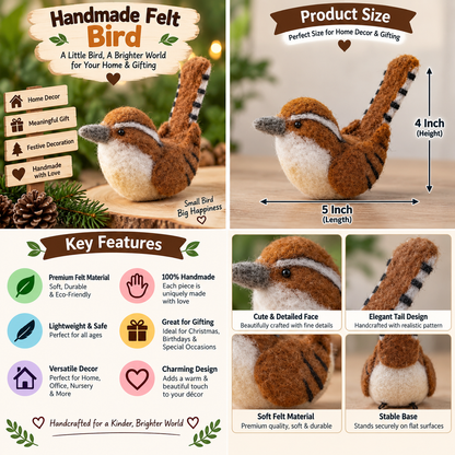 Handmade Felt Bird Ornament – 5 Inch Cute Wool Felt Bird Decoration for Home & Gifting
