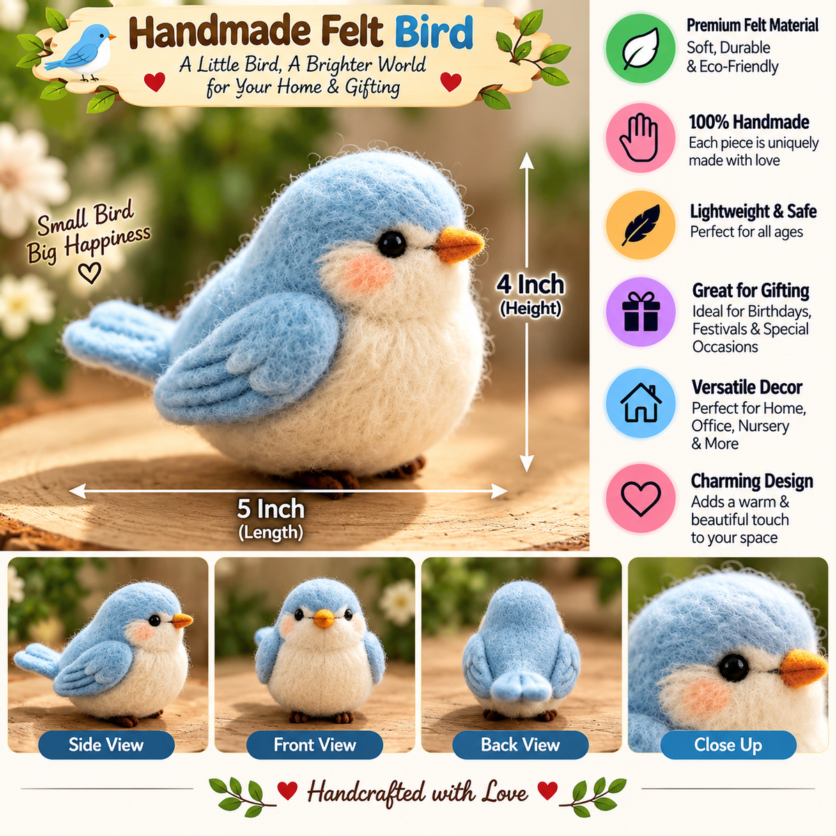 Handmade Felt Blue Bird – 5 Inch Cute Wool Felt Bird Decoration for Home & Gifting