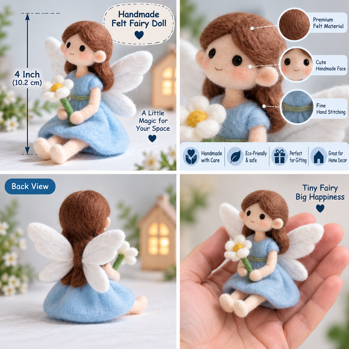 4 Inch Handmade Felt Fairy Doll | Cute Wool Fairy Figurine with Flower | Miniature Home Decor