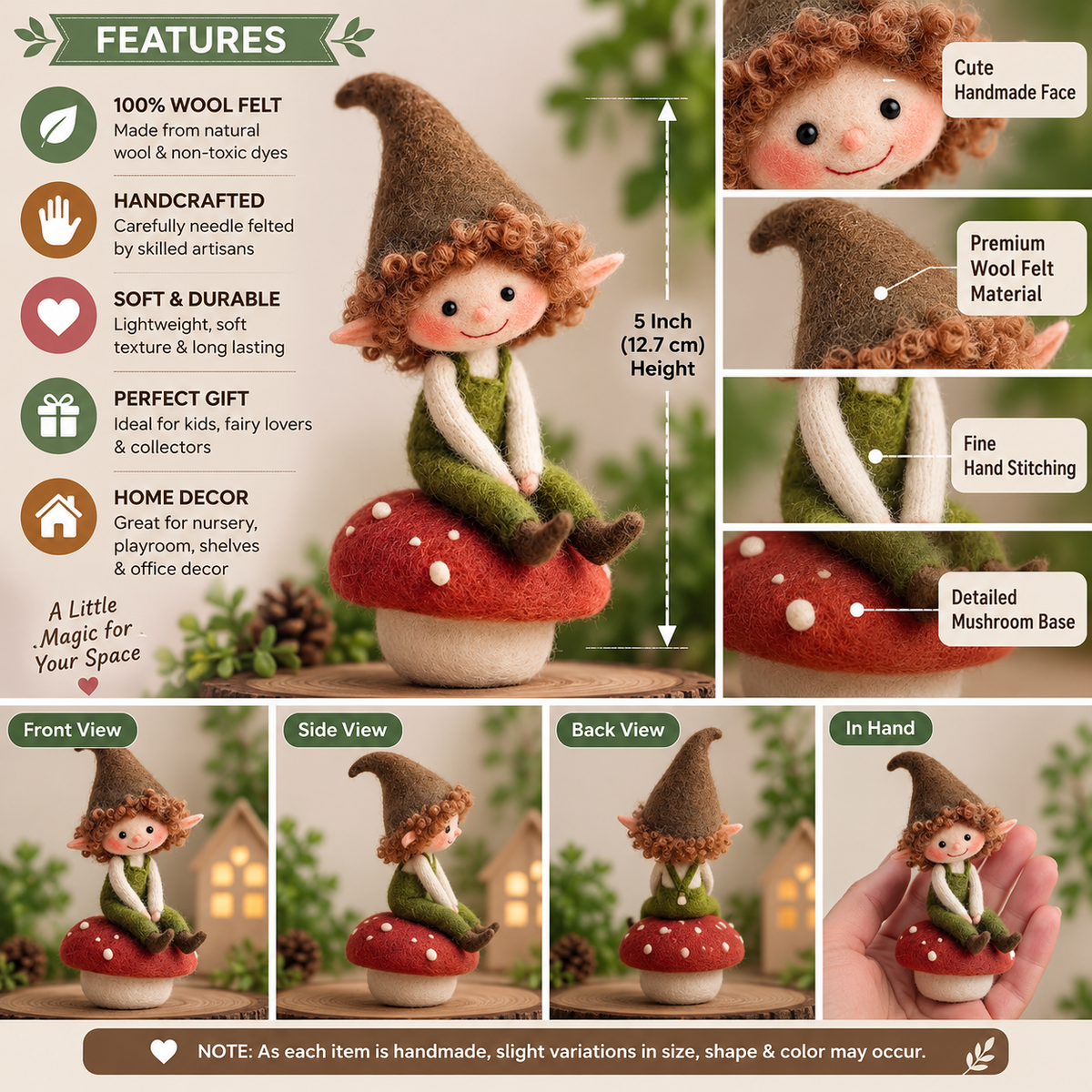 Handcrafted Woodland Elf on Mushroom Needle-Felted Doll | Cute Pixie Mushroom Figurine | Whimsical Forest Waldorf Decor & Fairytale Gift
