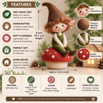 Handcrafted Woodland Elf on Mushroom Needle-Felted Doll | Cute Pixie Mushroom Figurine | Whimsical Forest Waldorf Decor & Fairytale Gift