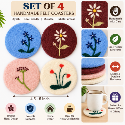 Set of 4 Handmade Floral Felt Coasters | Colorful Needle Felted Drink Coasters | Round Table Decor
