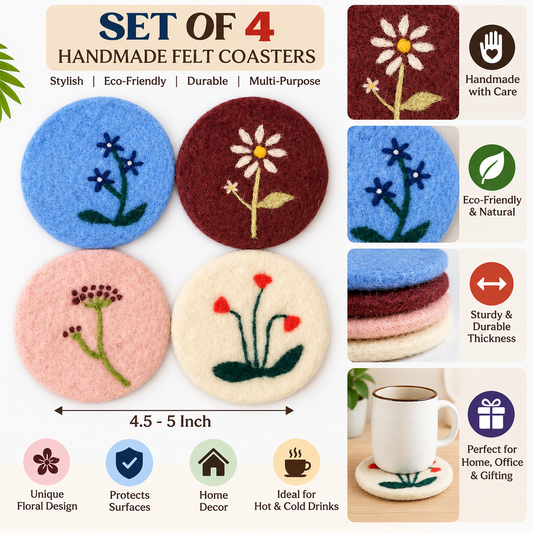 Set of 4 Handmade Floral Felt Coasters | Colorful Needle Felted Drink Coasters | Round Table Decor