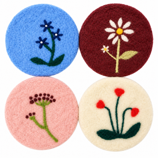 Set of 4 Handmade Floral Felt Coasters | Colorful Needle Felted Drink Coasters | Round Table Decor