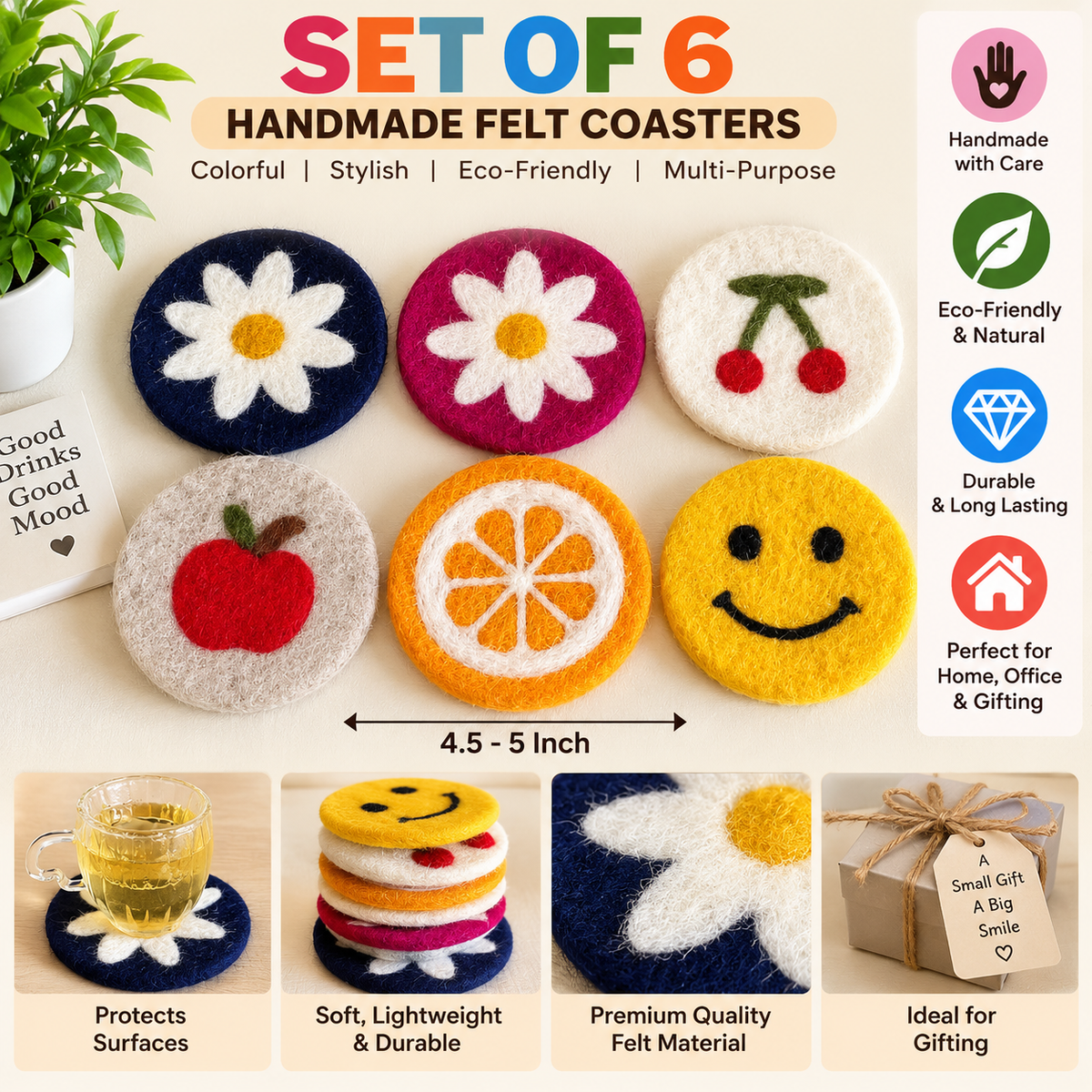 Set of 6 Handmade Felt Coasters | Colorful Fruit & Flower Drink Coasters