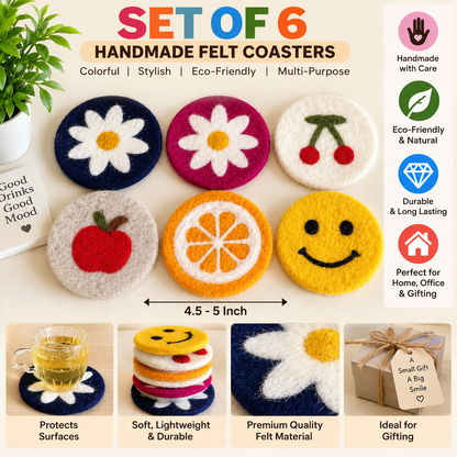 Set of 6 Handmade Felt Coasters | Colorful Fruit & Flower Drink Coasters