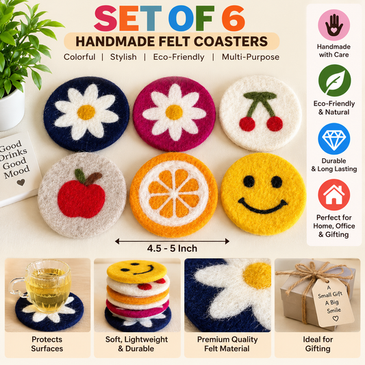 Set of 6 Handmade Felt Coasters | Colorful Fruit & Flower Drink Coasters