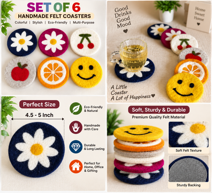 Set of 6 Handmade Felt Coasters | Colorful Fruit & Flower Drink Coasters