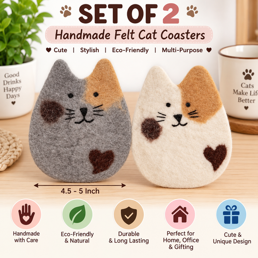 Set of 2 Handmade Felt Cat Coasters | Cute Cat Drink Coasters | Handmade Table & Home Decor