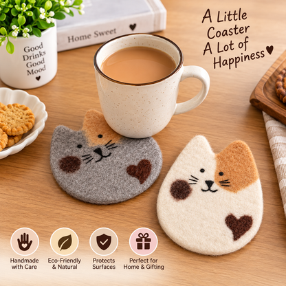 Set of 2 Handmade Felt Cat Coasters | Cute Cat Drink Coasters | Handmade Table & Home Decor