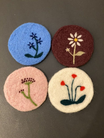 Set of 4 Handmade Floral Felt Coasters | Colorful Needle Felted Drink Coasters | Round Table Decor