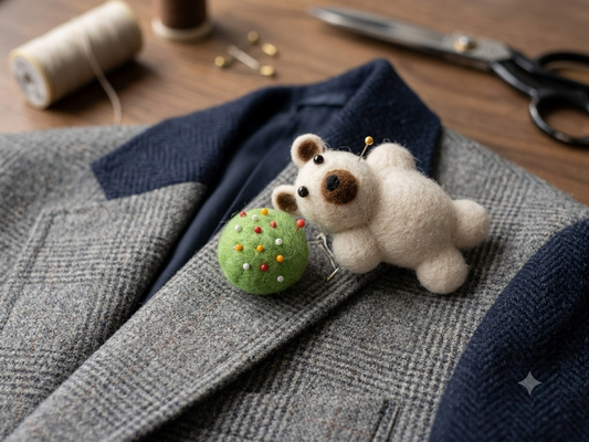 Handmade Needle-Felted Teddy Bear Brooch with Mini Pin-Cushion