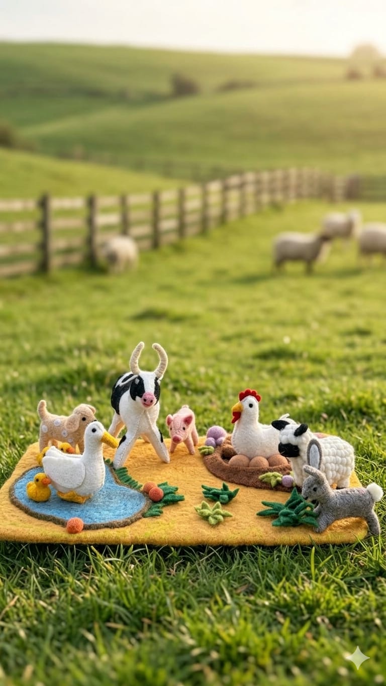 Miniature Plush Farm Animals Play Set in Golden Pasture