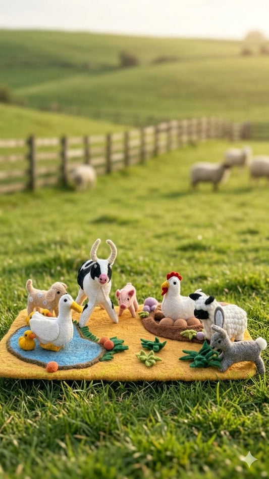 Miniature Plush Farm Animals Play Set in Golden Pasture