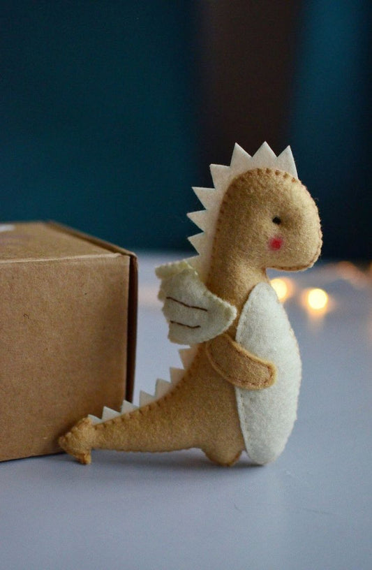 Handcrafted Beige Felt Dragon Figurine | Cute Stitched Miniature Winged Mythical Creature | Whimsical Nursery Decor & Fantasy Keepsake Gift