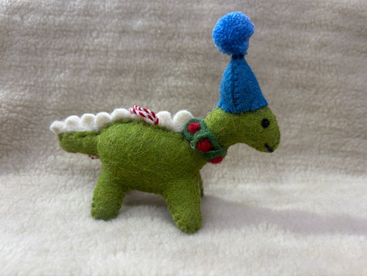 Handcrafted Party Dinosaur Felt Ornament | Cute Stegosaurus with Birthday Cone Hat & Festive Collar | Whimsical Celebration Tree Hanging Decor
