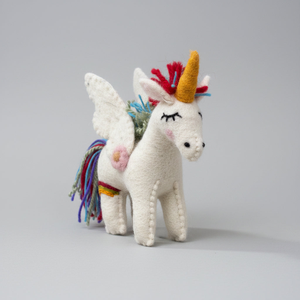 Handcrafted White Felt Unicorn Pegasus Figurine | Cute Mythical Alicorn Plush Toy | Whimsical Rainbow Nursery Decor & Fairytale Gift