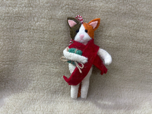 Handcrafted Calico Cat Christmas Felt Ornament | Cute Festive Kitten with Red Scarf & Holiday Gift | Whimsical Tree Hanging Decor