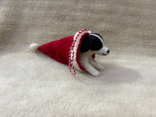 Handcrafted Christmas Puppy in Santa Hat Felt Ornament | Cute Border Collie Dog in Stocking Hanging Charm | Whimsical Holiday Tree Decor