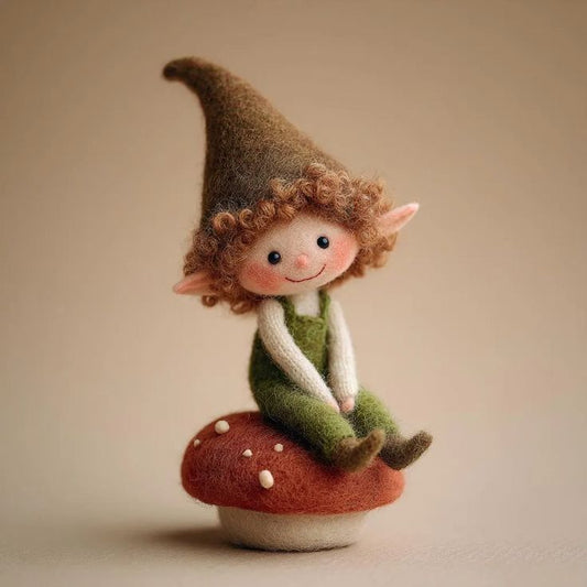 Handcrafted Woodland Elf on Mushroom Needle-Felted Doll | Cute Pixie Mushroom Figurine | Whimsical Forest Waldorf Decor & Fairytale Gift