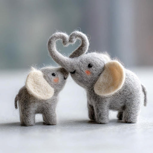 Handcrafted Mother & Baby Elephant Needle-Felted Figurine | Cute Woolen Elephant Duo with Heart Trunk