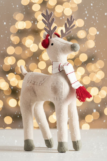 Handcrafted Festive Reindeer Stuffed Fabric Figurine | Cute Christmas Deer Tabletop Decor with Earmuffs & Scarf | Luxury Winter Wonderland Nursery Display